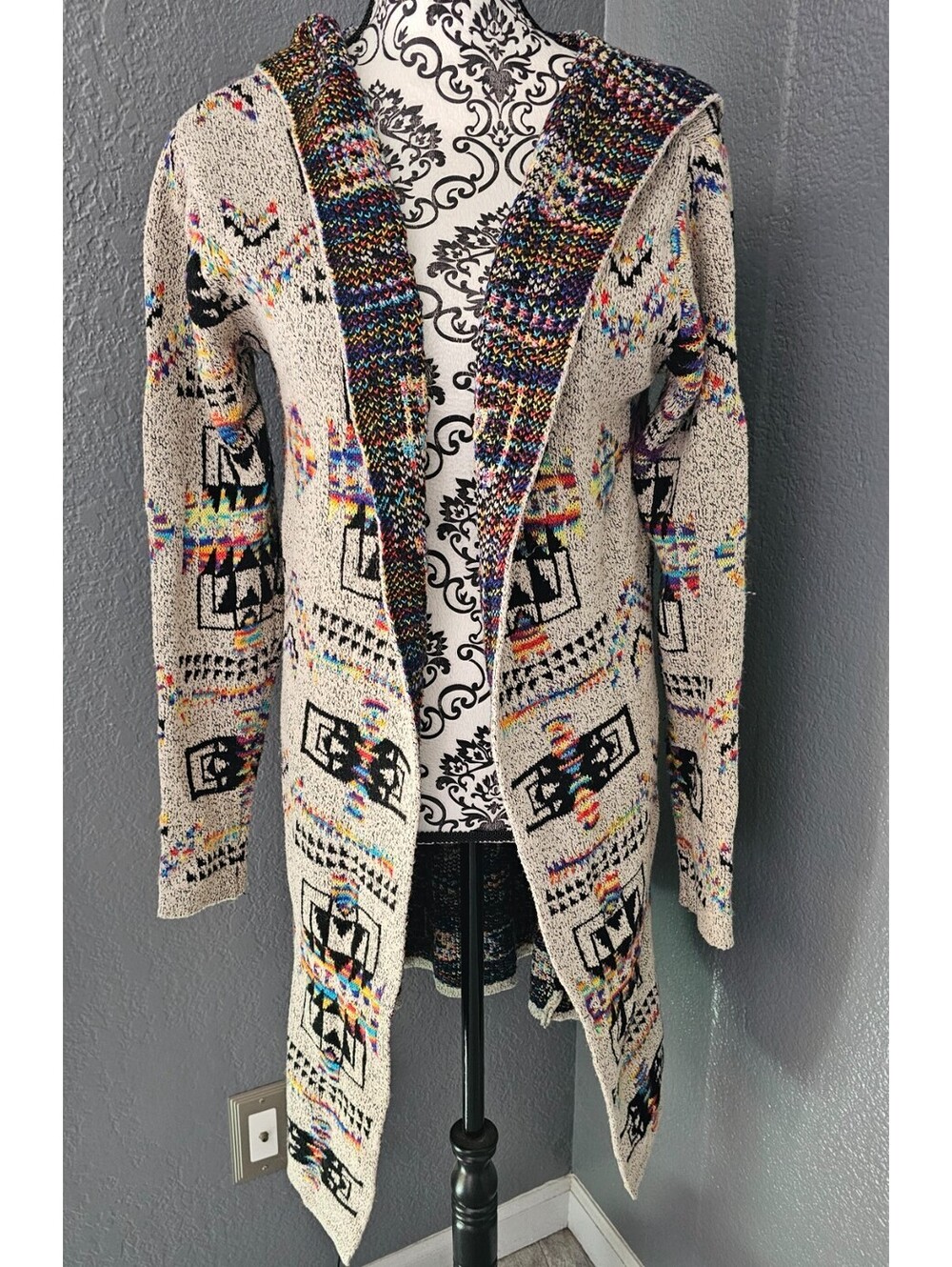 Northern Angel Aztec Knit Hooded Cardigan Sweater Long Line Colorful Size XL